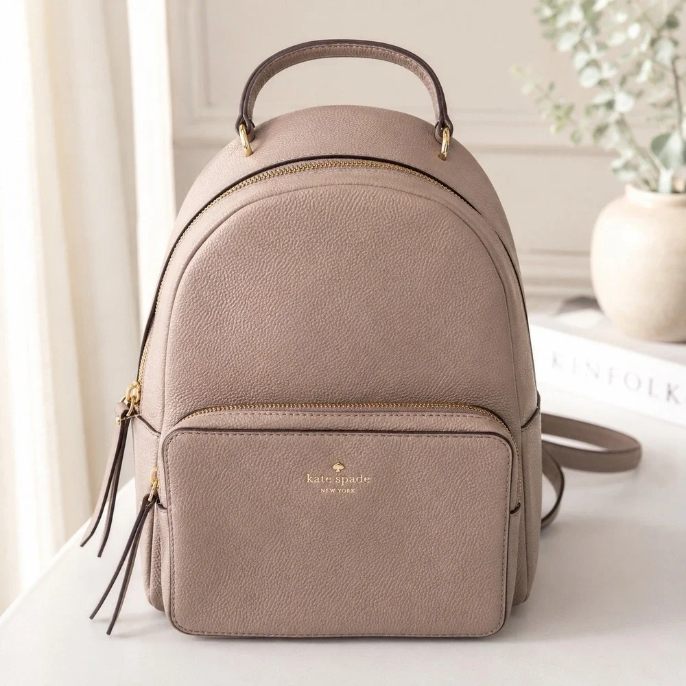 Kate Spade Mini Nicole Taupe Leather Backpack Gold Zip Pebble Minimalist Chic